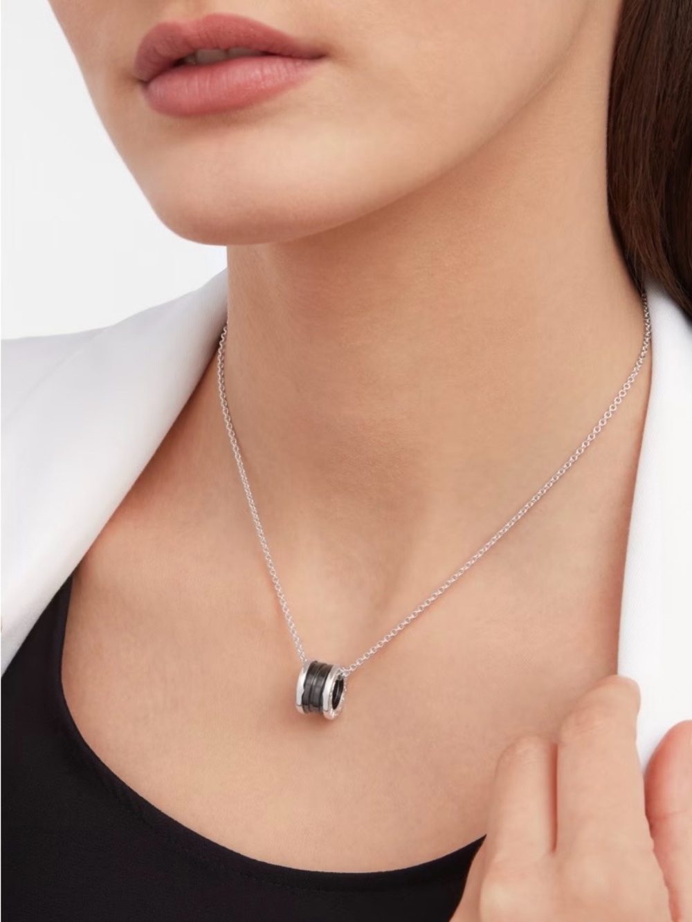Bulgari Silver Necklace with Black Accented Ring Pendant